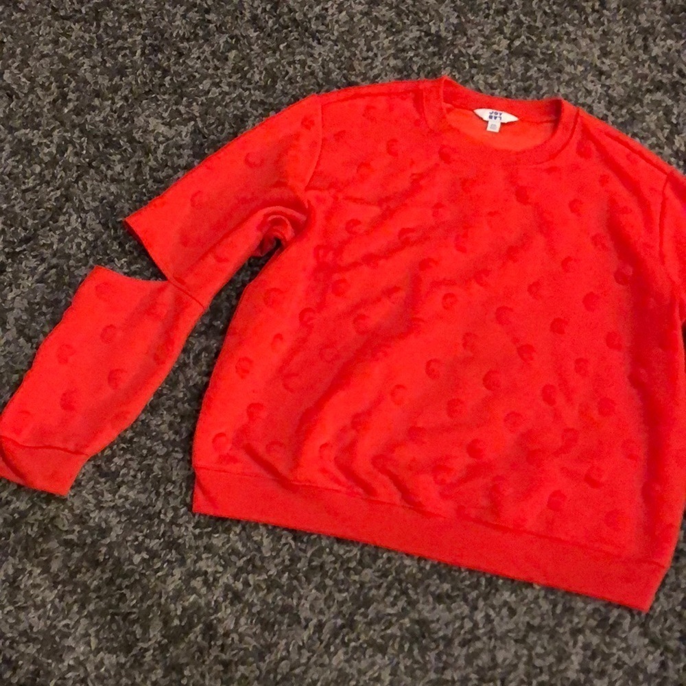 JOY lab orange sweatshirt. Cold elbow! Polka dot